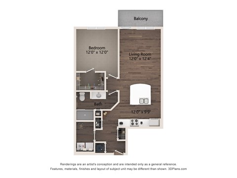 Floor plan for 1 bed, 1 bath, 825 sqft